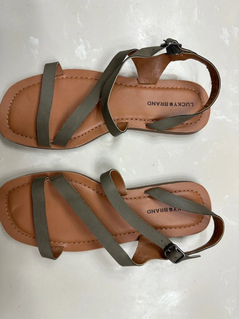 Lucky Brand Olive Strappy Flat Sandals with Tan Footbed - Picture 1 of 6